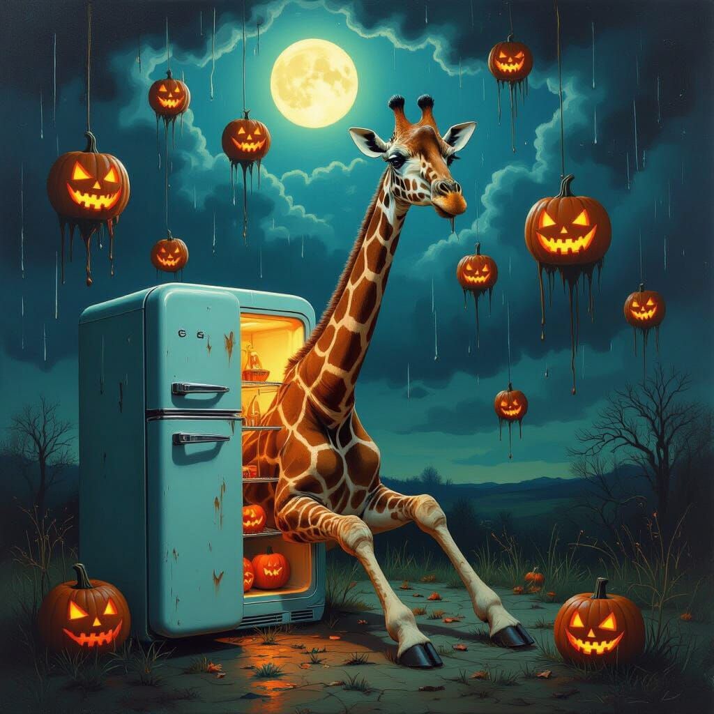Surreal Giraffe and Pumpkins Emerge from Vintage Fridge