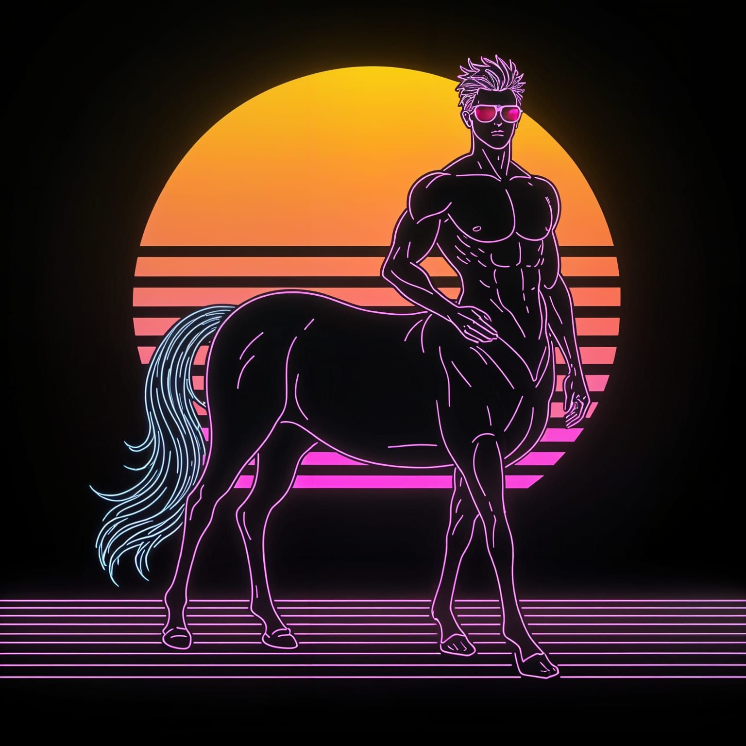 Neon Centaur in Sunset: Synthwave Line Art