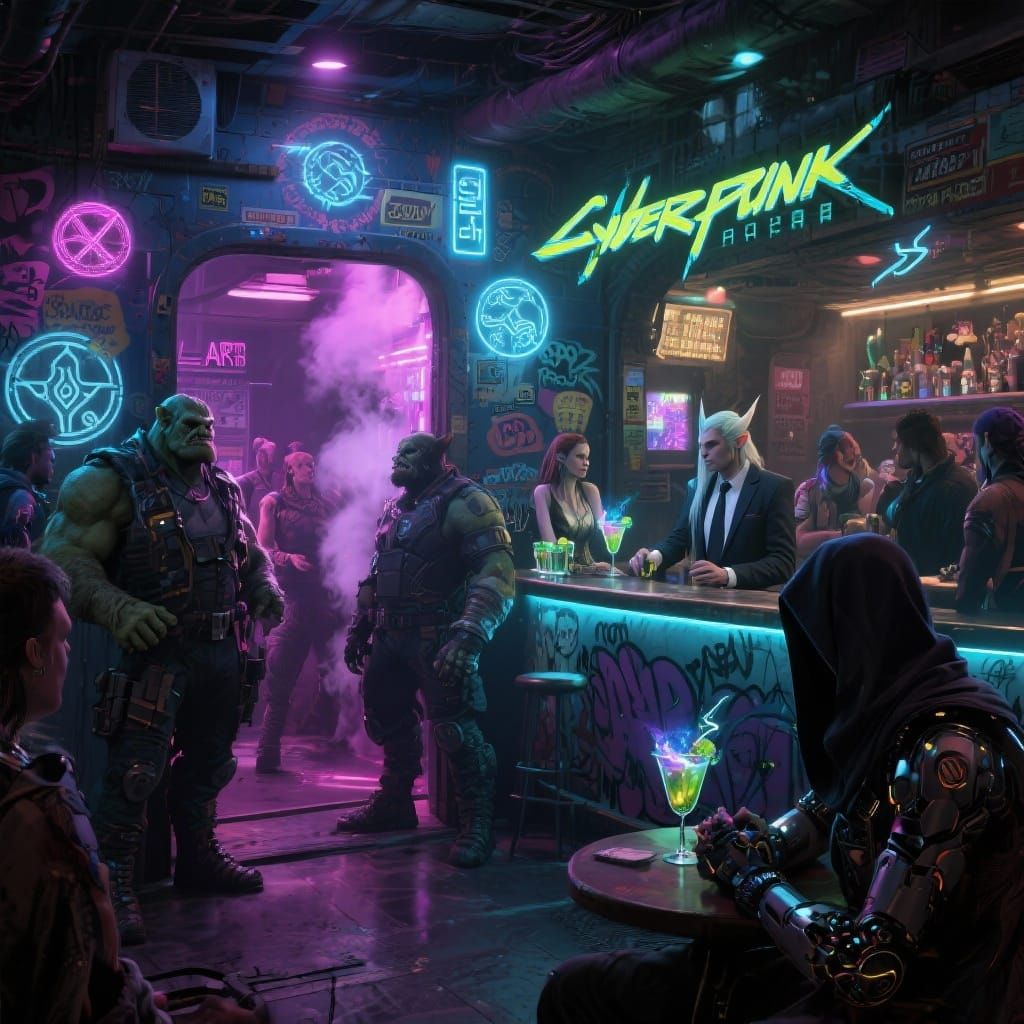 Neon Cyberpunk Bar in Dystopian City