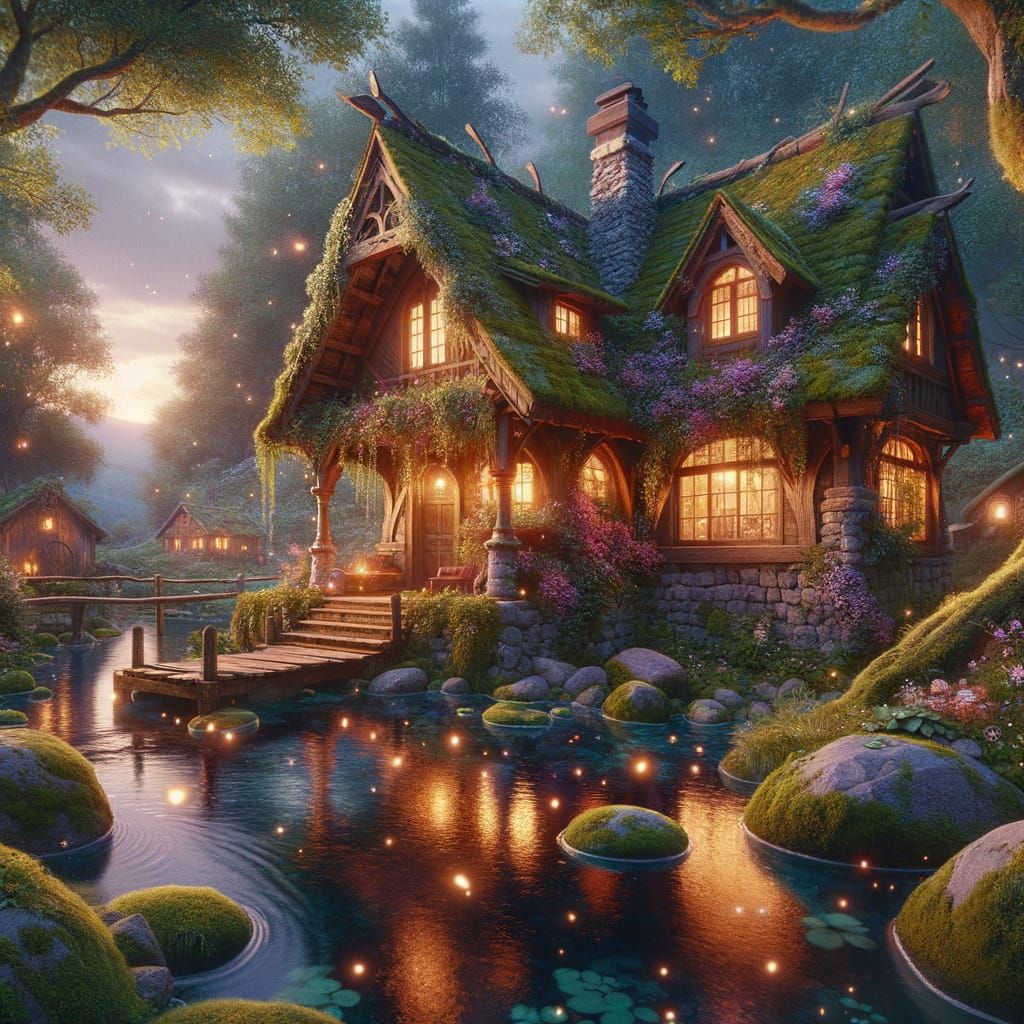 Enchanting Forest Cottage by Crystal Pond in Art Nouveau Sty...
