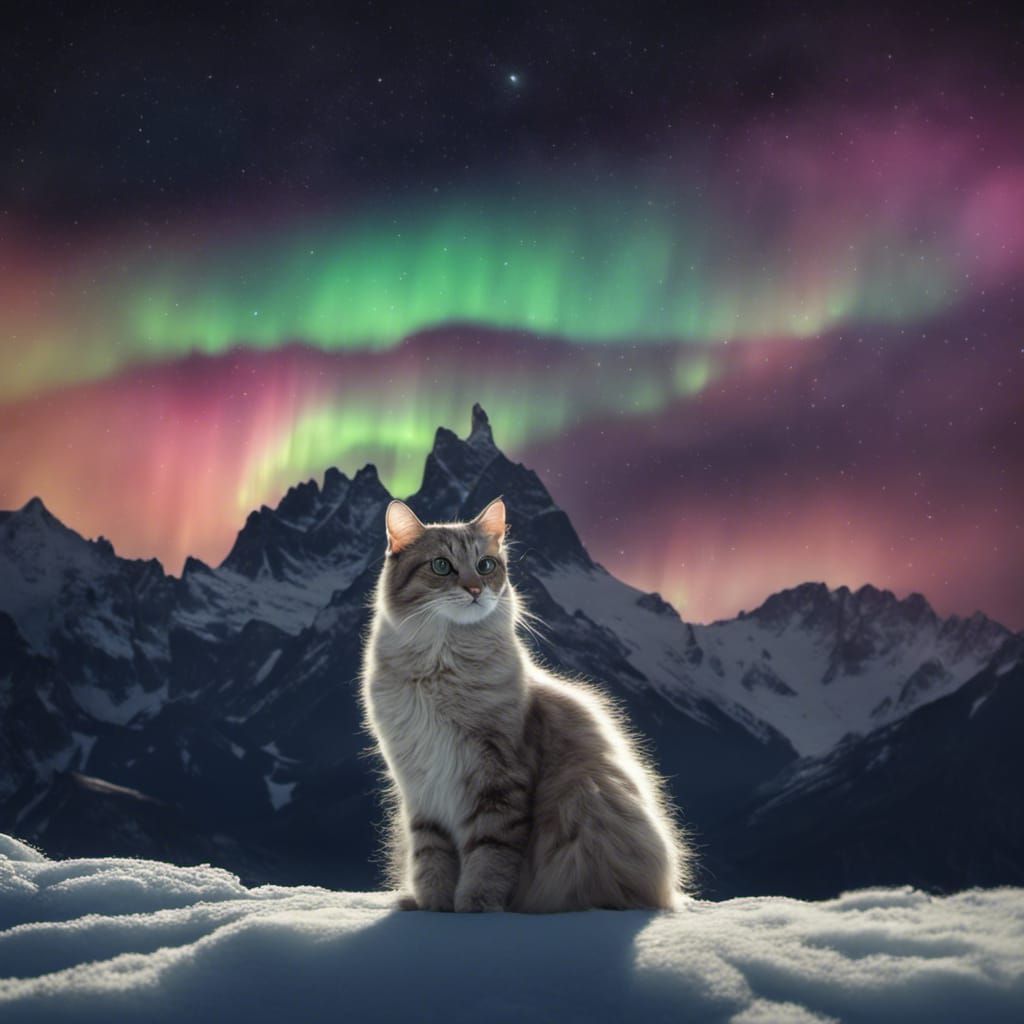 Aurora Borealis Over Mountain With Cat