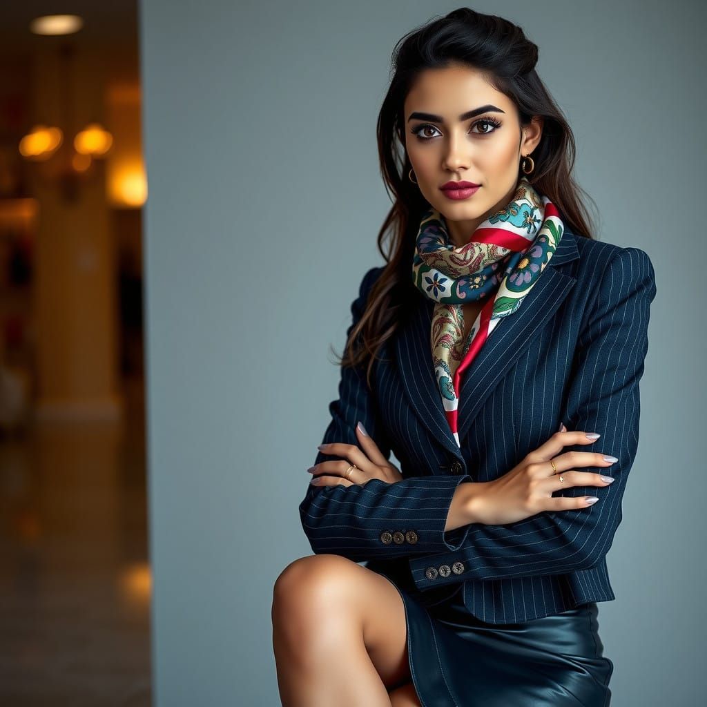 Elegant Iranian Businesswoman in Pinstripe Suit with Paisley...