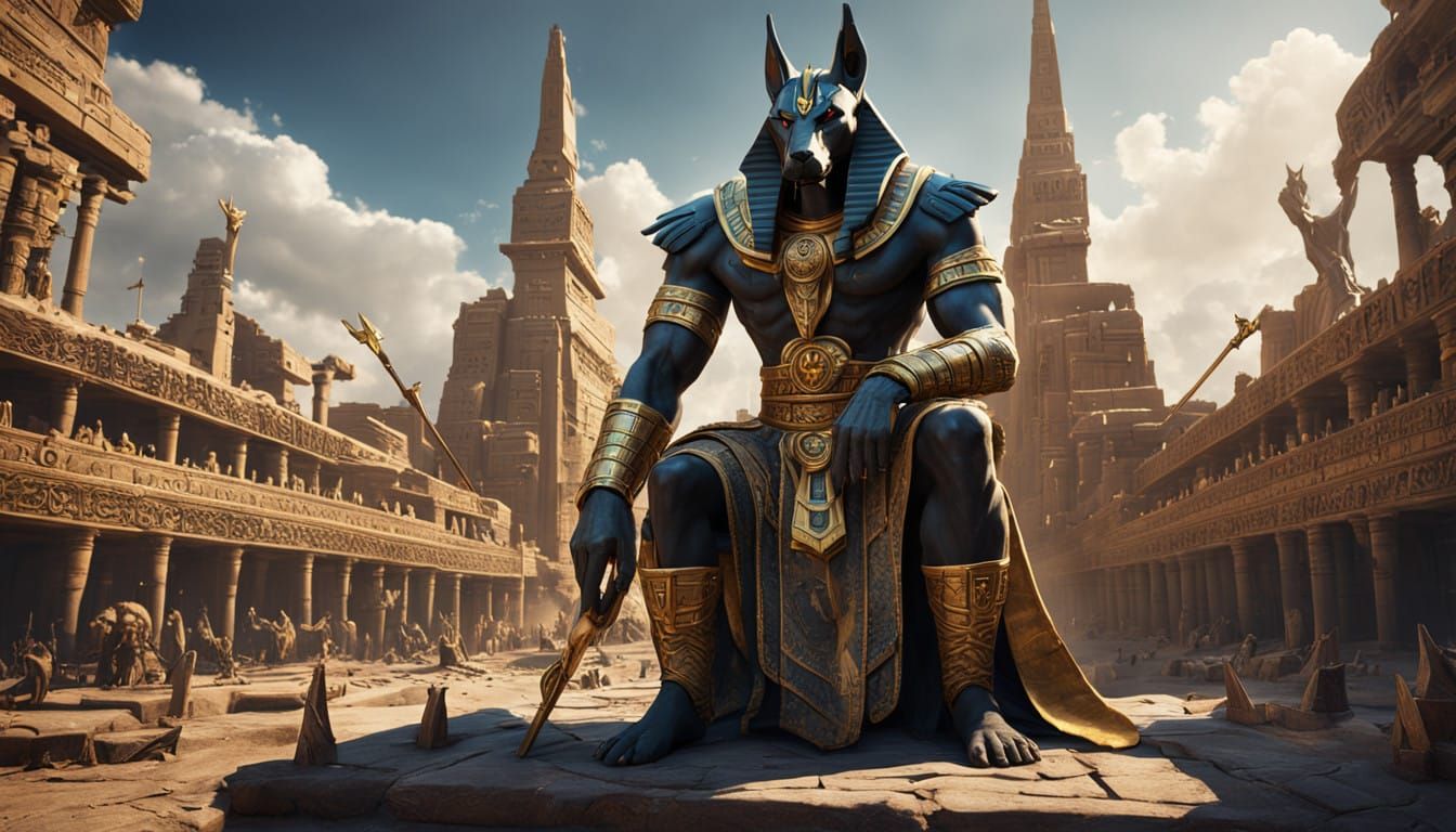 Ancient Egyptian God Anubis in Vibrant Fantasy Landscape