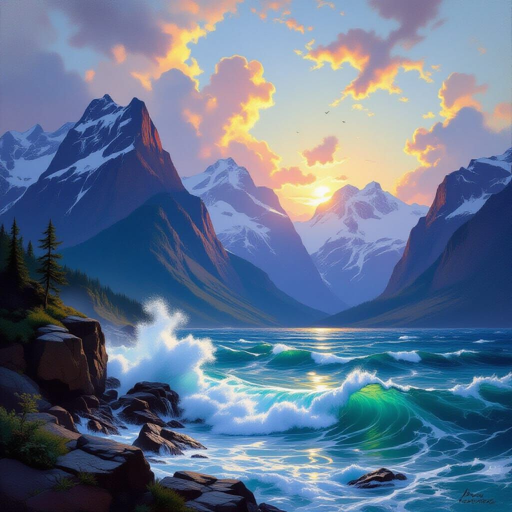 Majestic Mountains Overlooking Crashing Waves in Vibrant Sty...