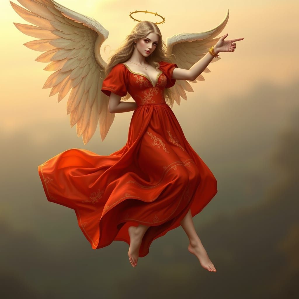 Ethereal Angel Woman in Golden Embroidery and Ruby Eyes