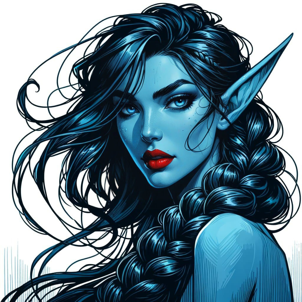 Blue-Skinned Elf Maiden in 19th-Century Romanticism Style