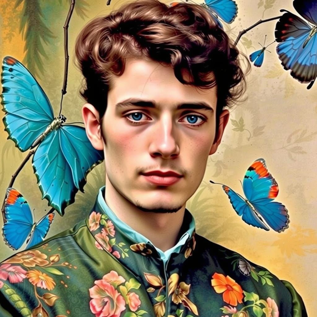 A Young Man in Vibrant Kimo and Butterfly Attire
