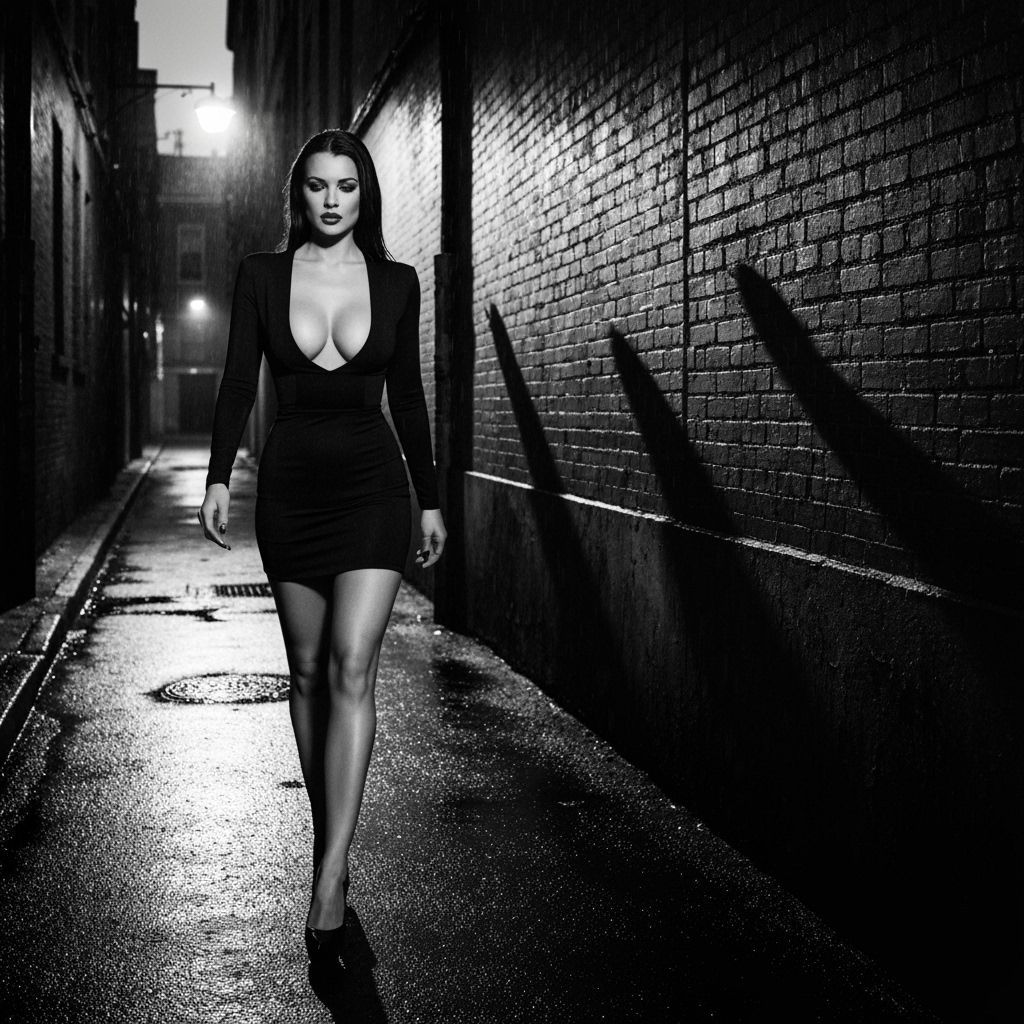 Noir Alleyway: Woman in Black Dress in Rainy Night Photo
