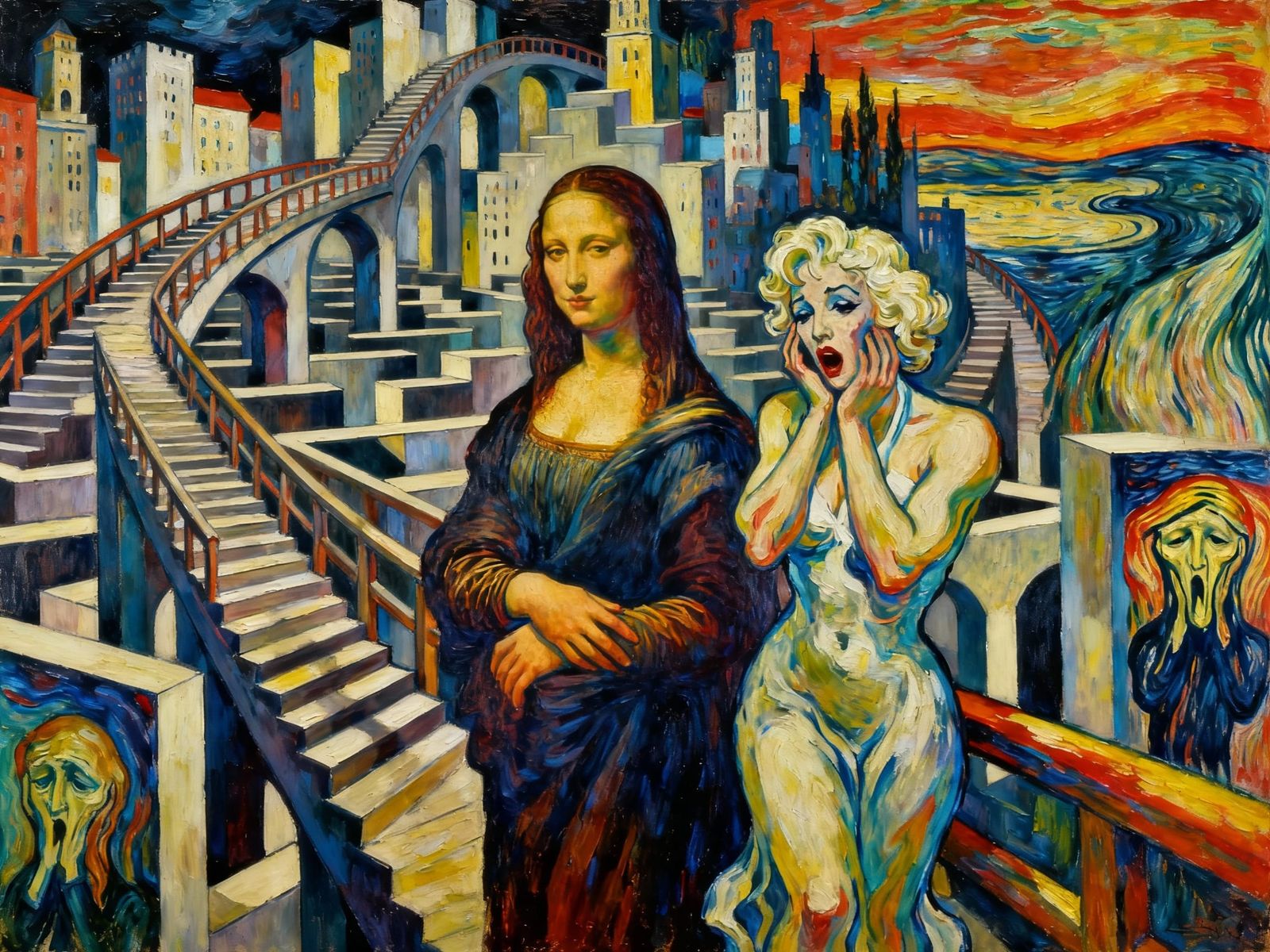 Surreal City Maze with Escher Architecture and Distressed Fi...