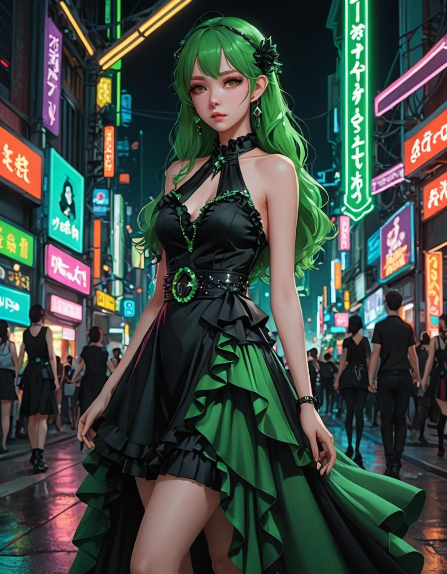 Green Gothic Dress in Neon Anime Style