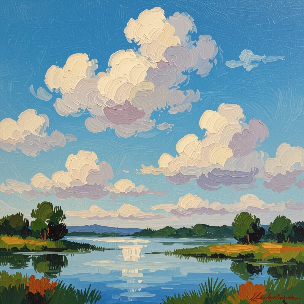 White Clouds in Serene Sky as Impressionistic Painting