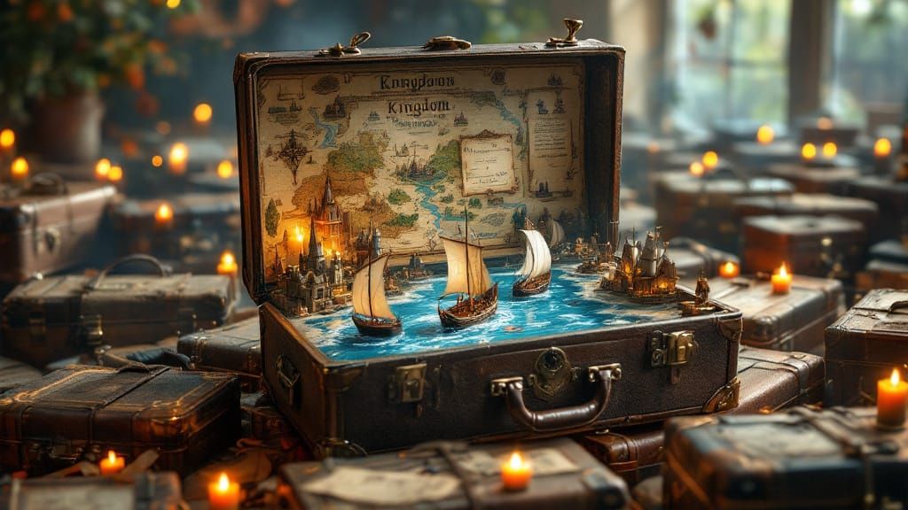 Fantasy Art: Open Suitcase Reveals Miniature Kingdom with Sa...