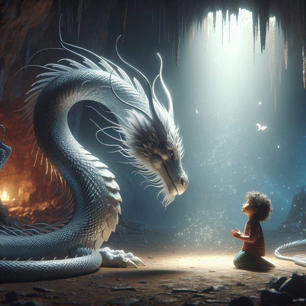 Silver Dragon and Toddler in Cavernous Grotto