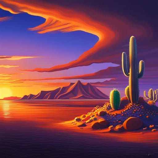 Cactus Mutant in Desert Sunset: Ghibli Anime Style