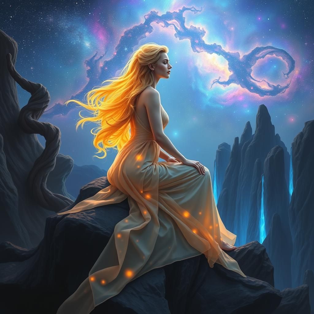 Celestial Goddess on Cosmic Rocks in Dreamlike Setting