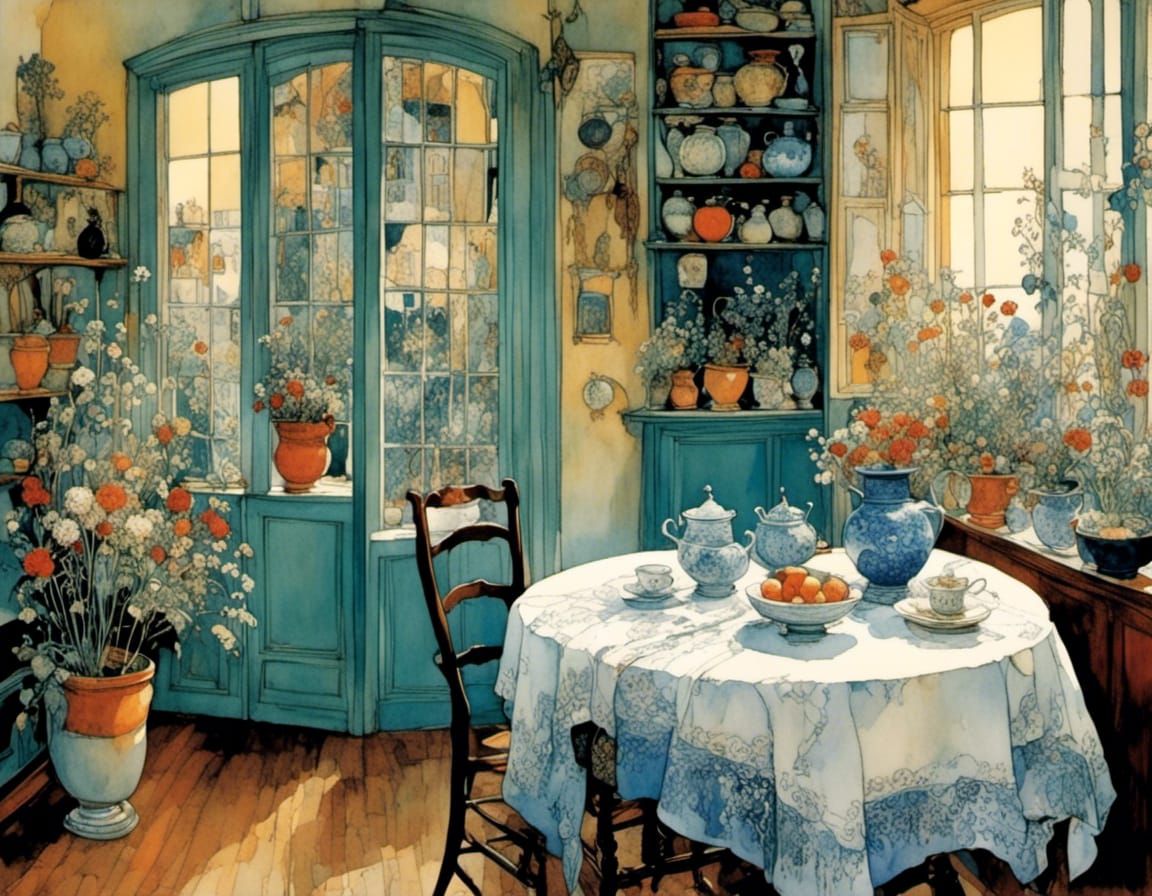 Whimsical Pastoral Scene in Intricate Watercolor Style