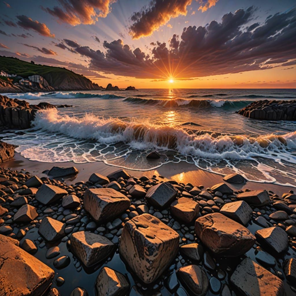 Dazzling Sunset on Rocky Beach: A Hyperrealistic Panorama