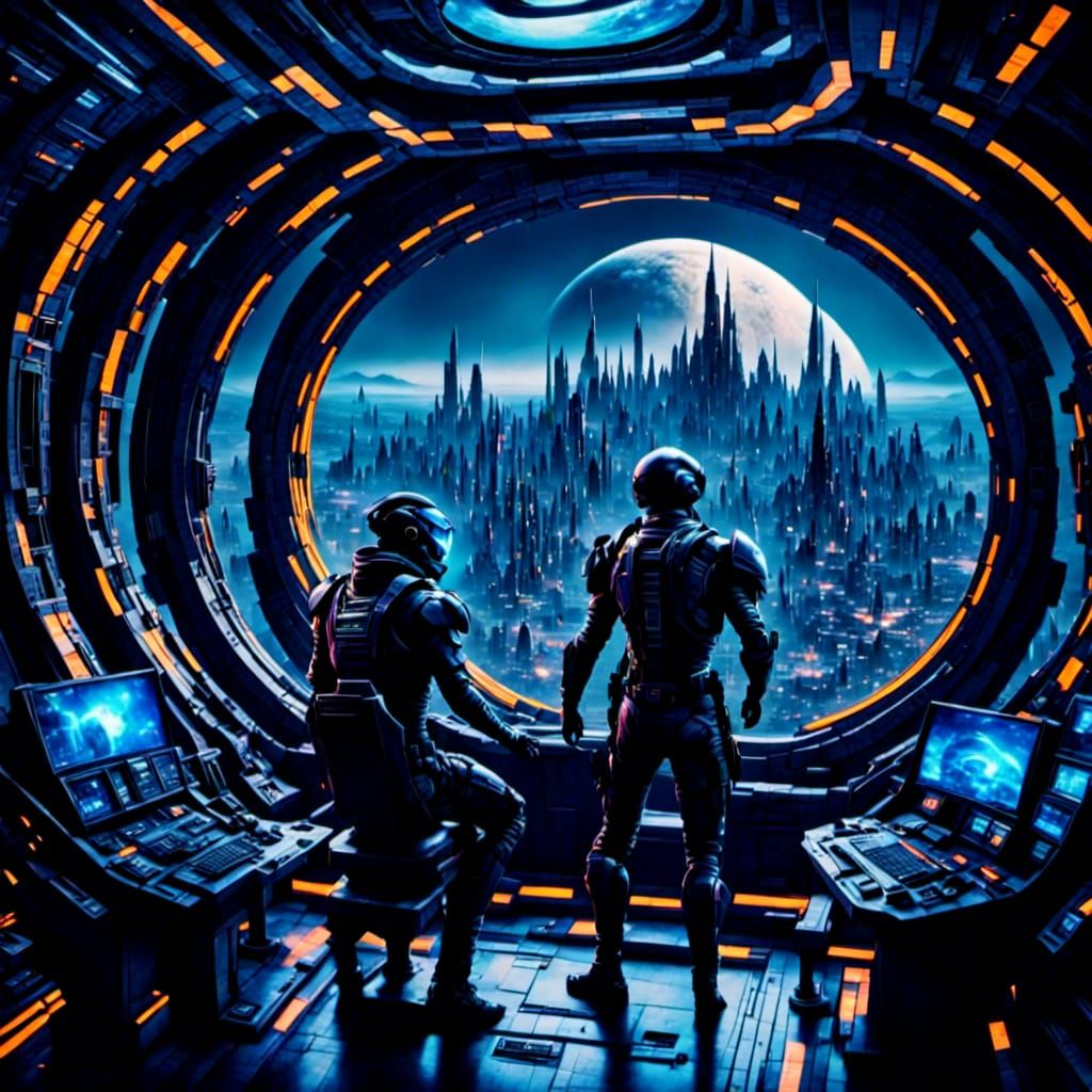 Starship Captain Observes Alien Metropolis in Sci-Fi Style