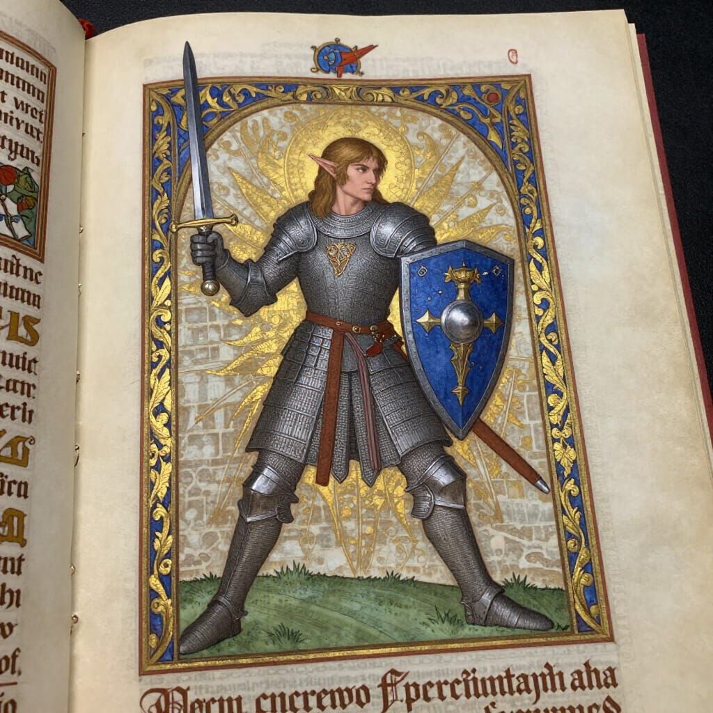 Medieval Illuminated Manuscript: Elf Knight in Scale Mail