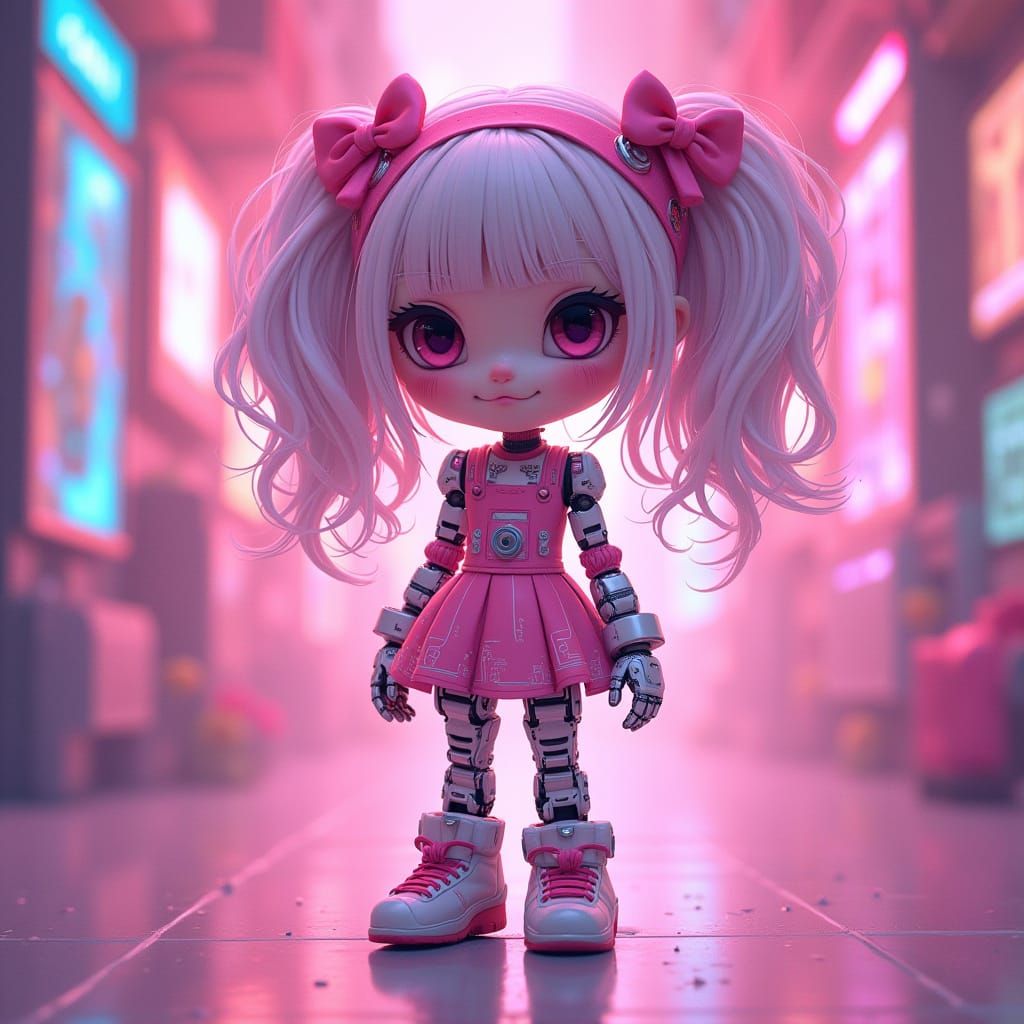 Kawaii Cyborg Girl in Pink Digital World