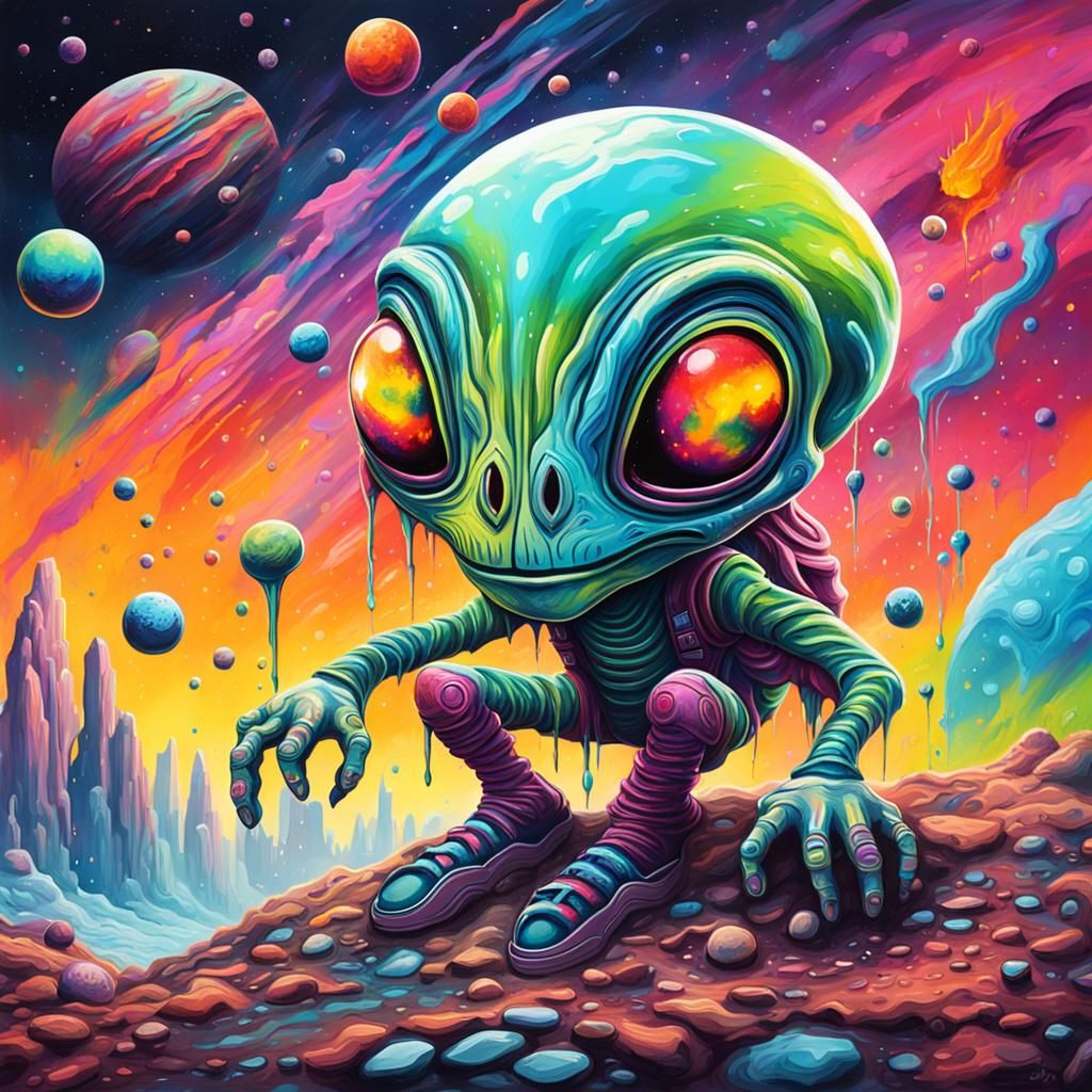 Trippy Alien on Cosmic Planet in Graffiti Style