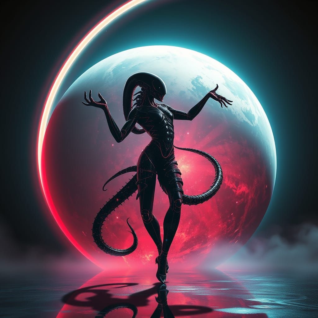 Cosmic Dancer Over Giant Gas Planet in Neon Hues