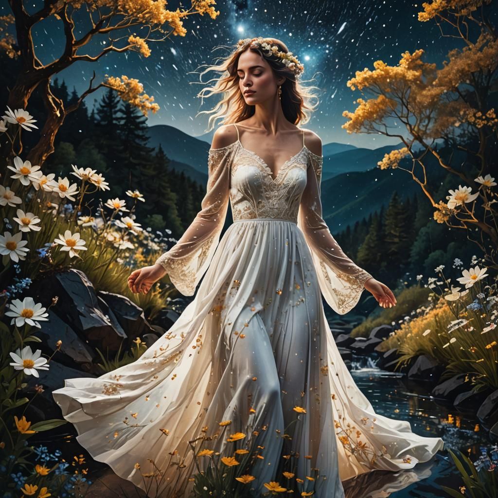 Woman Bathed in Spring Flowers Under Starry Sky