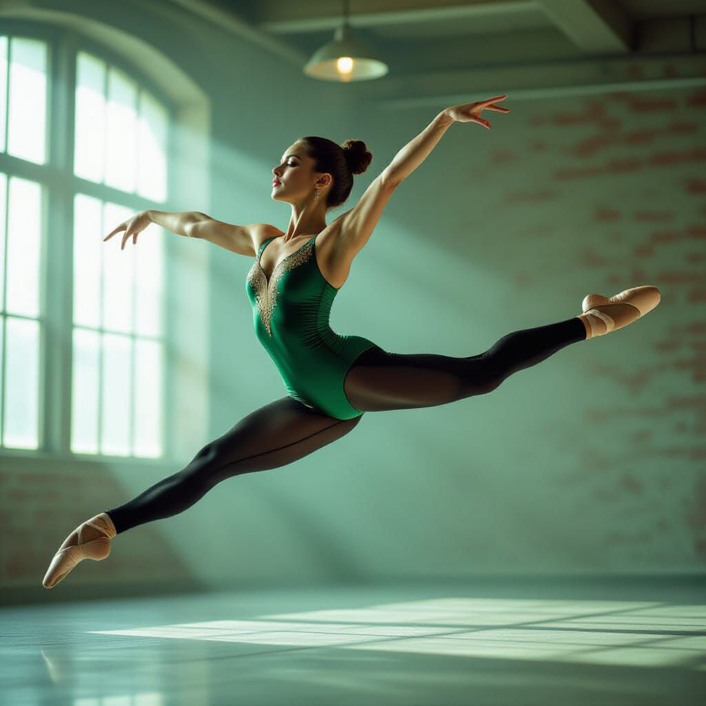 Ballerina in Green Suit Does Jumping Split