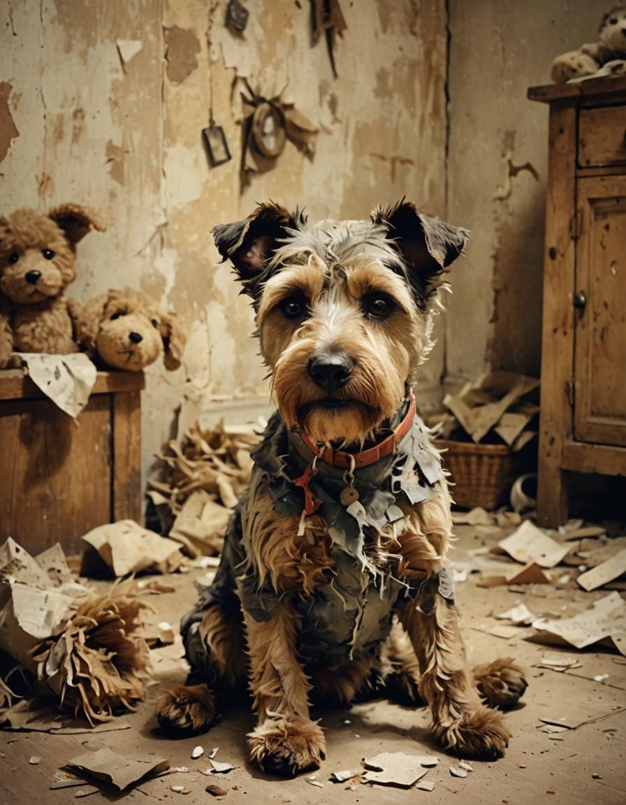 Scruffy Terrier Dog with Ripped Toy, Mixed Media Art