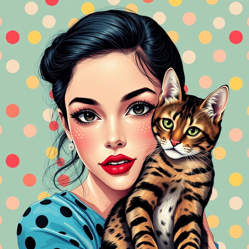 Pop Art Woman with Cat in Kusama Style