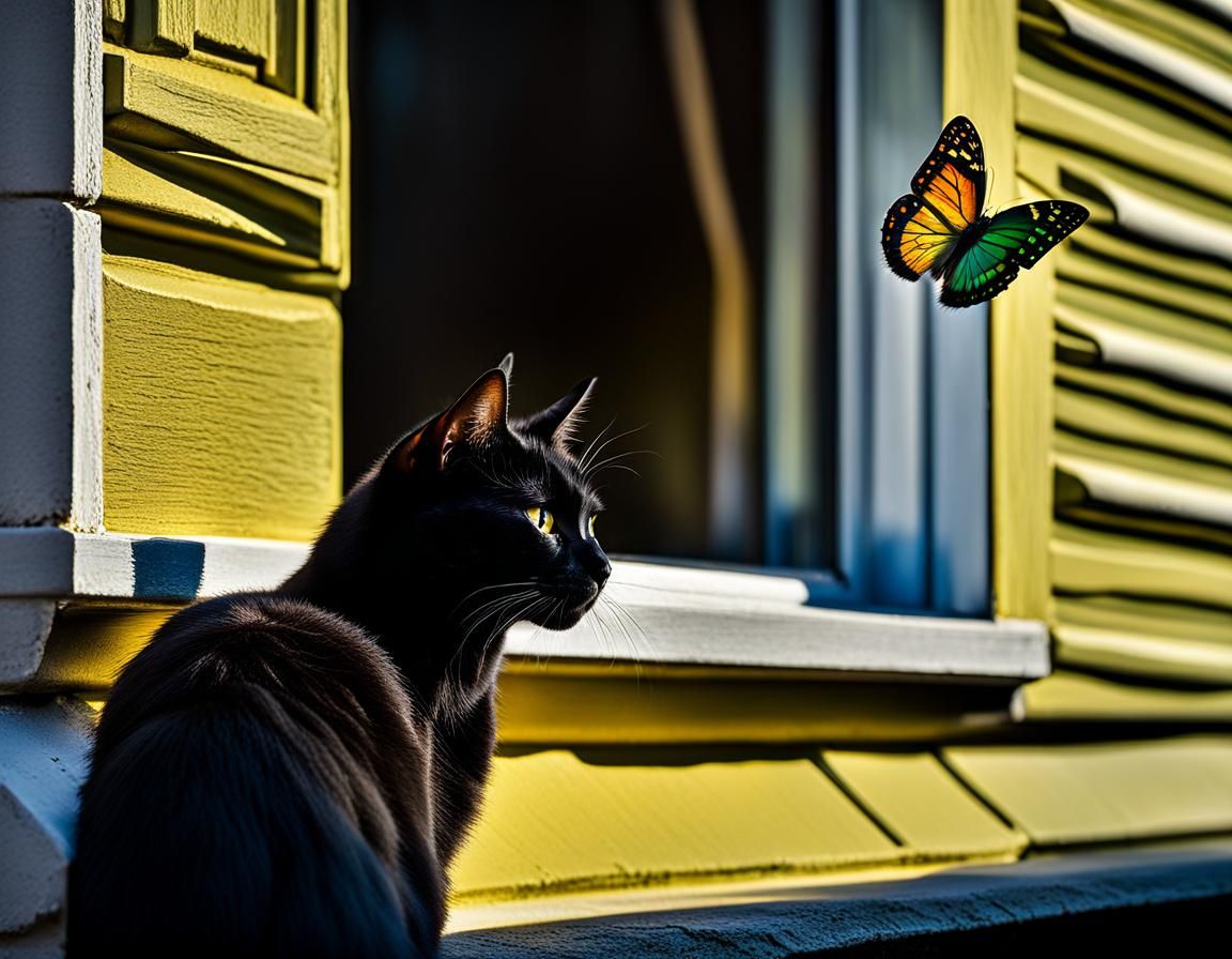Black Cat with Butterfly, Hyperrealistic Close-Up