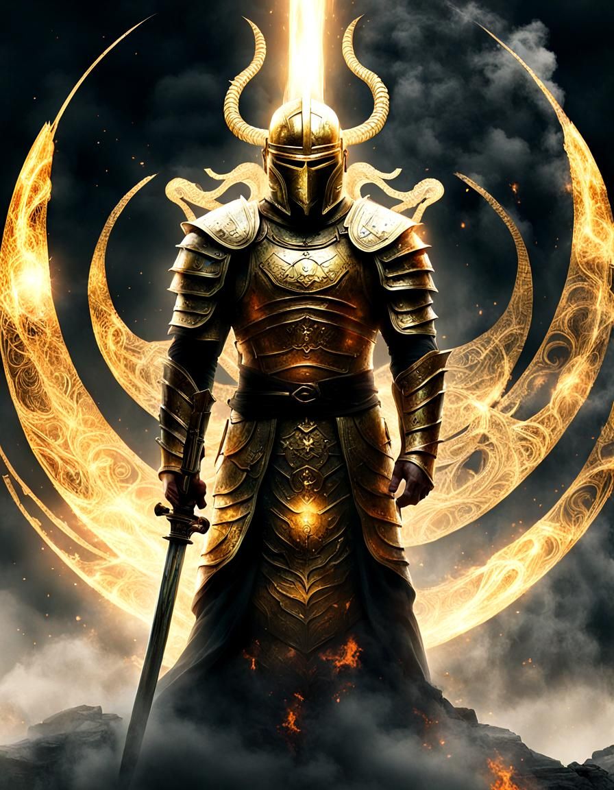 Illuminated Warrior with Sacred Sword: Digital Art