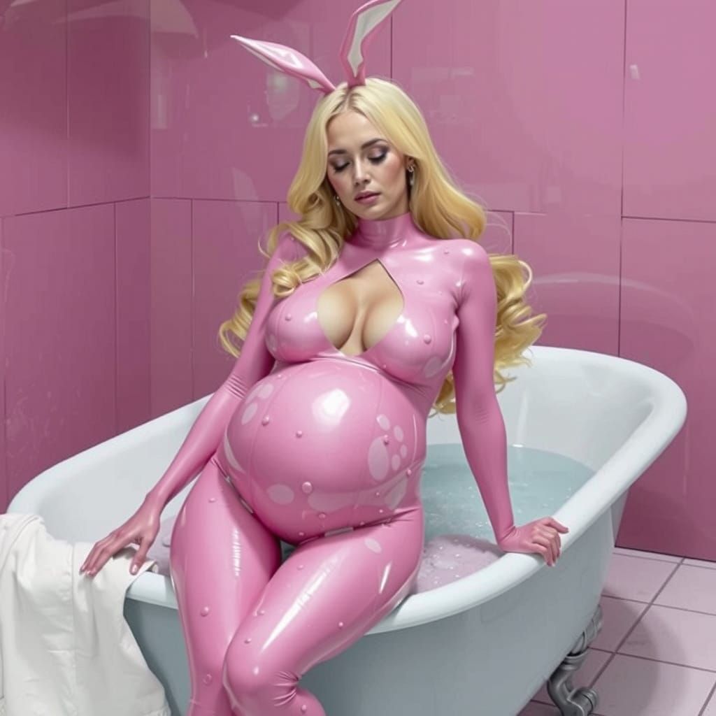 Ethereal Pregnant Beauty in Pink Bunny Suit, Bathtub Cinemat...