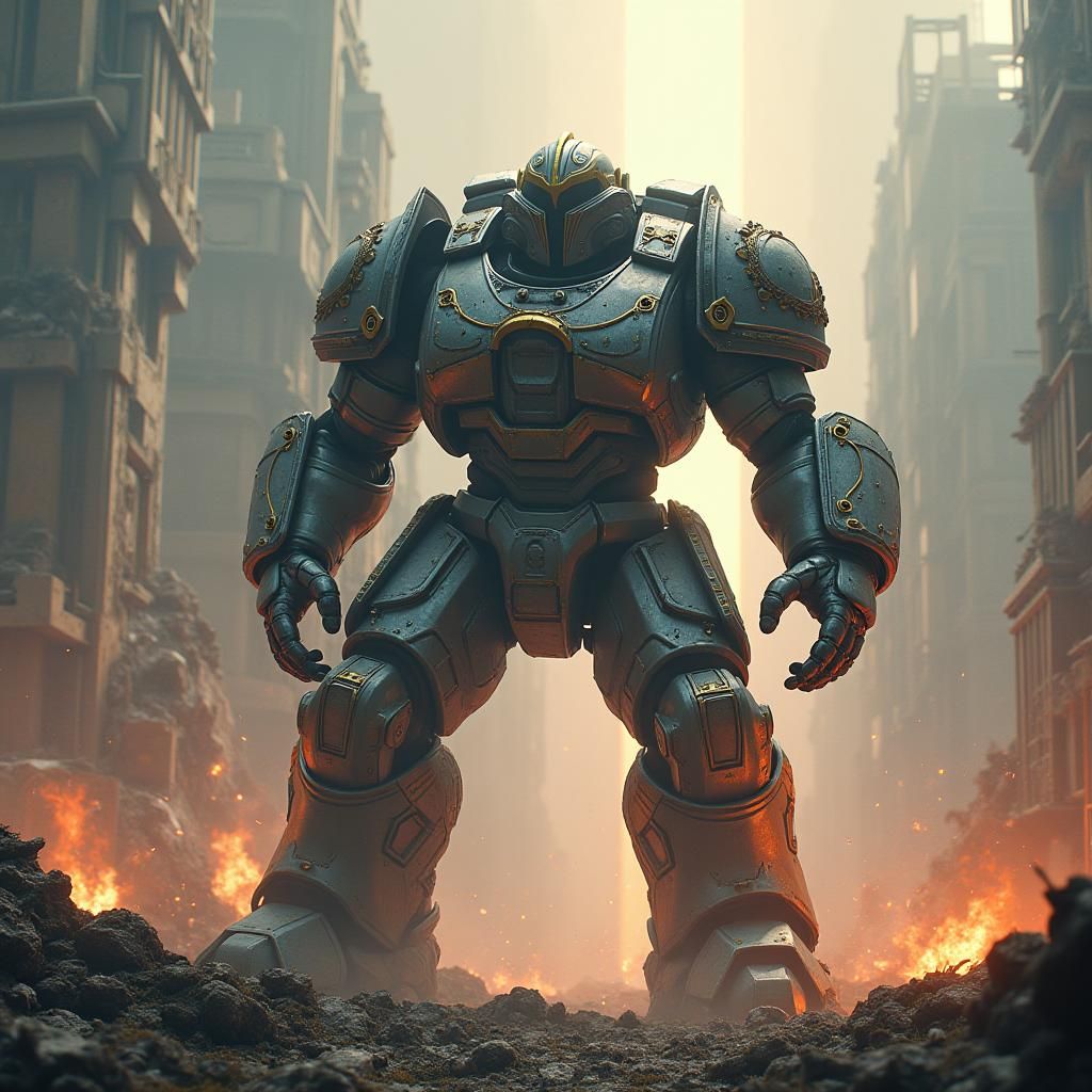 Space Marine Battles Behemoth in Apocalyptic Landscape