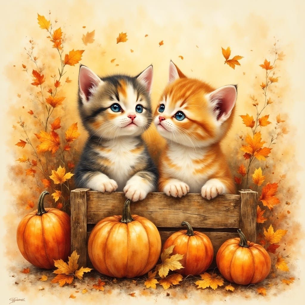 Adorable Kittens in Autumn Leaves, Colored Pencil Style