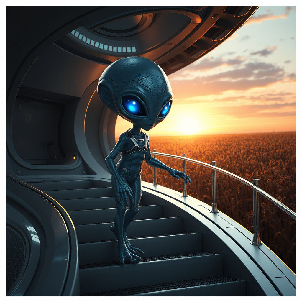 Blue Alien Descending Spaceship Stairs in 3D Anime Style