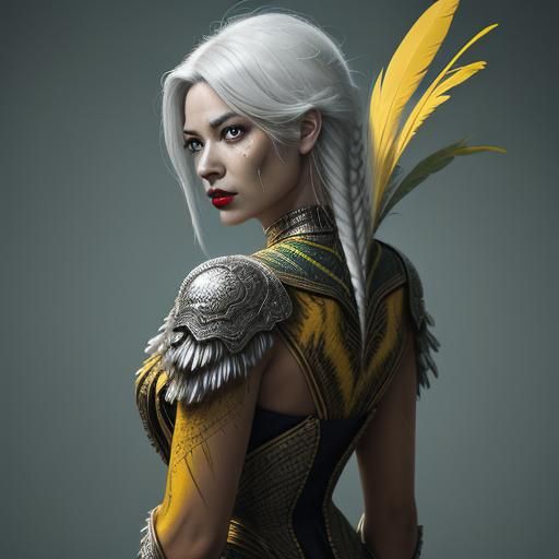 Silver Woman with Feathers in Cinematic Lighting