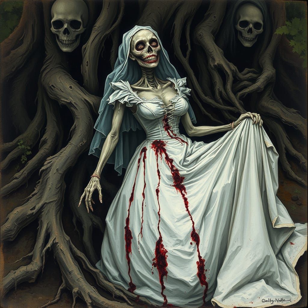 Grotesque Corpse Bride Rises from Grave in Dark, Gothic Art