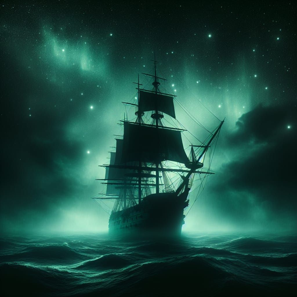 Ominous Ship Silhouetted Against Green Night Sky
