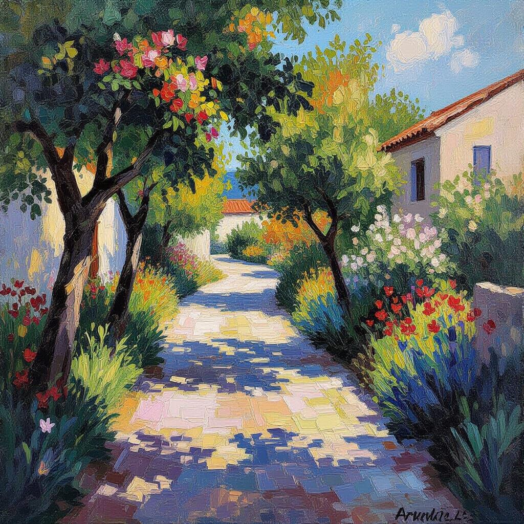 Vibrant Floral Path in Neo-Impressionist Style