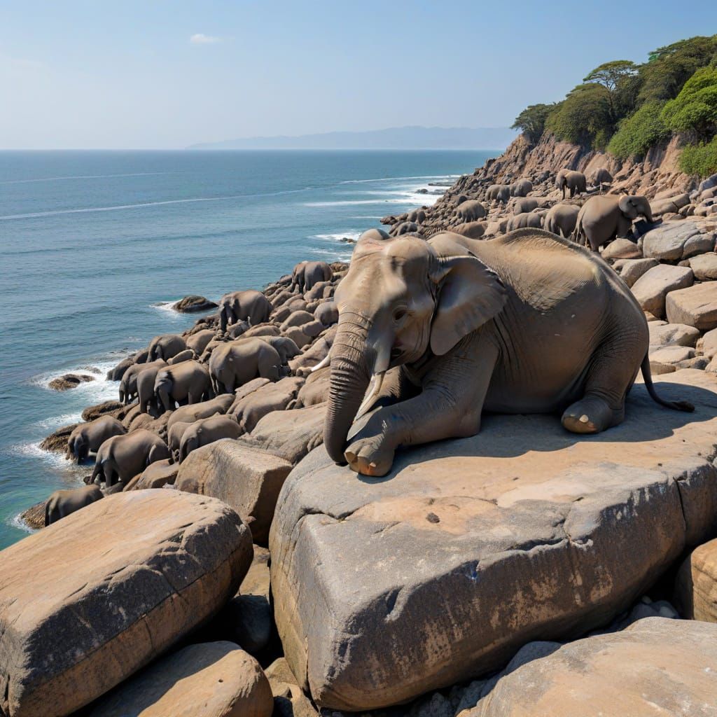 Elephants Resting on Rocks Overlooking the Sea