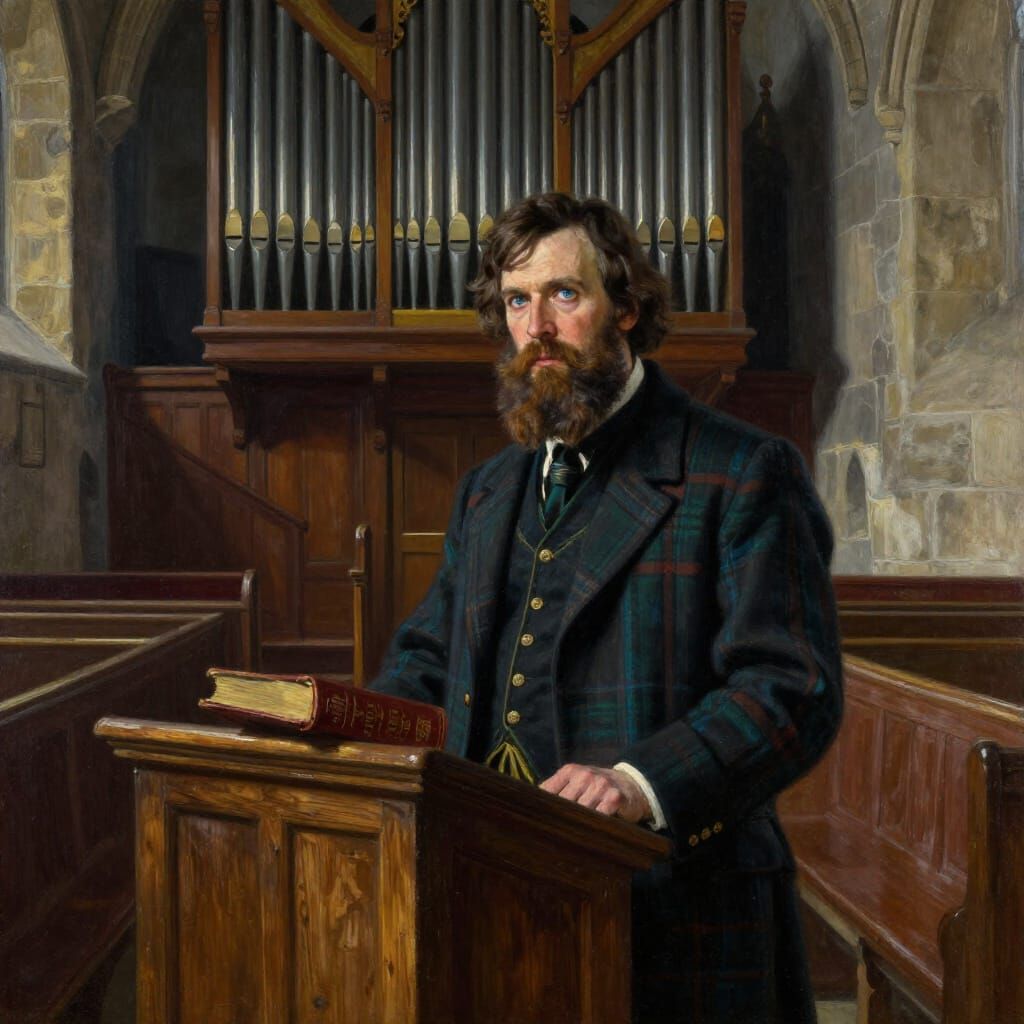 Man in Tartan Suit Preaches in Stone Church