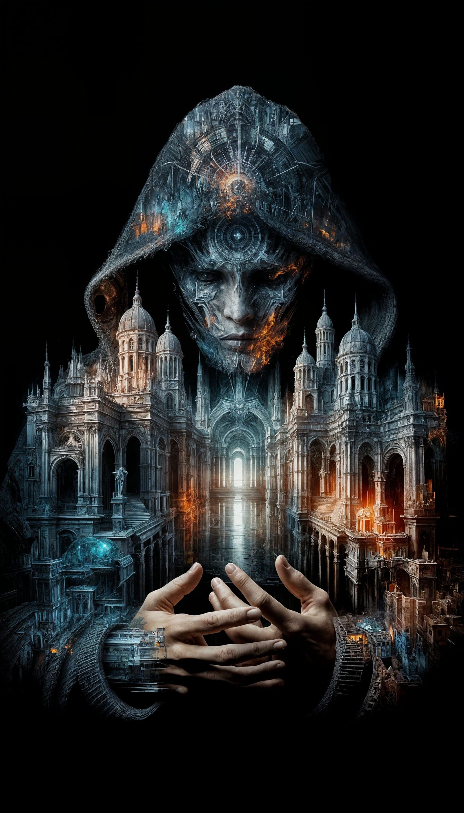 Surreal Double Exposure: Hooded Figure and Dissolving Archit...