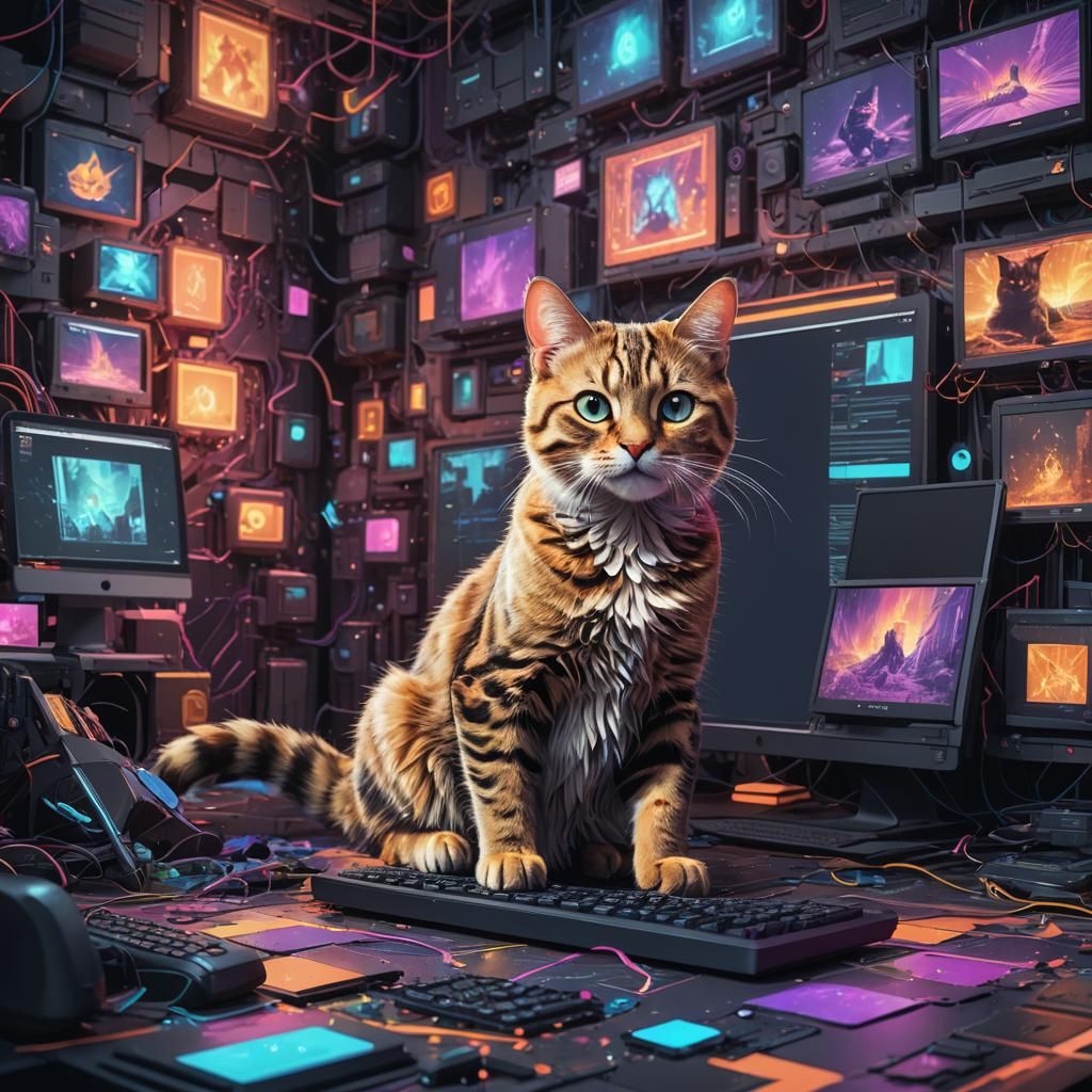 Glitch Art Cat on Computer: Detailed Matte Painting