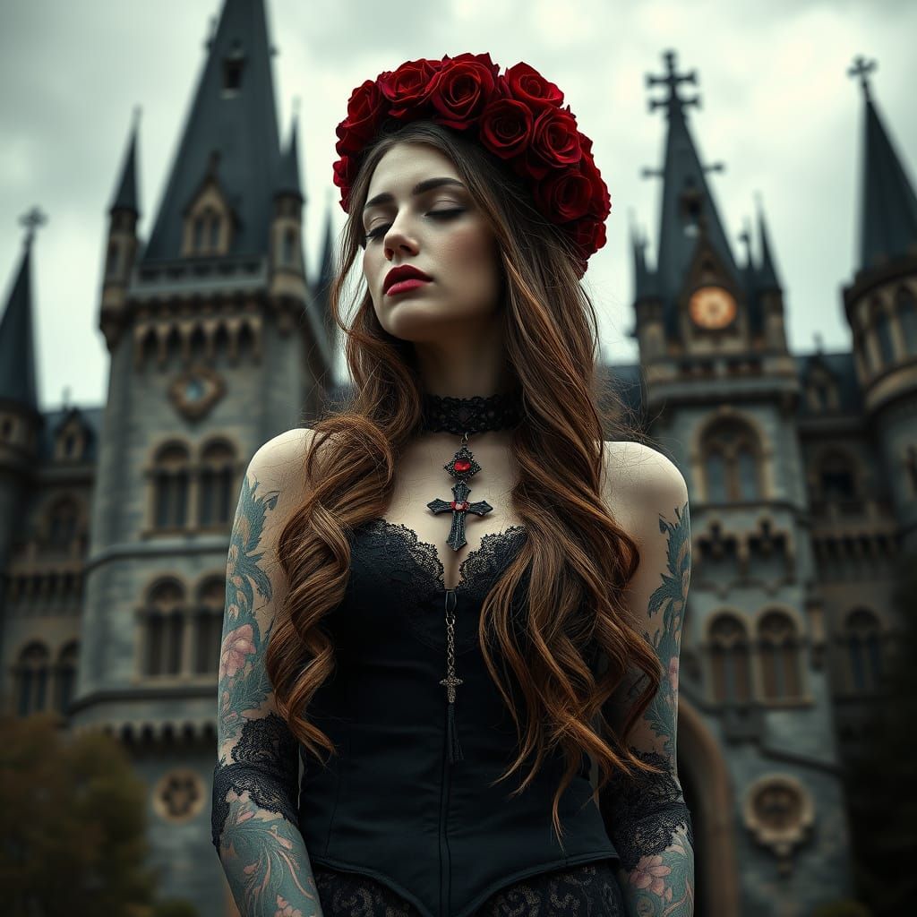 Gothic Woman with Rose Crown: Hyperrealistic Dark Fantasy