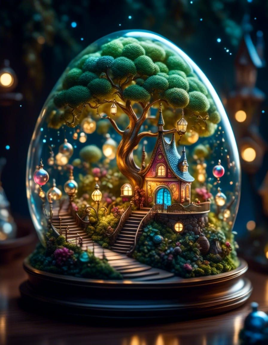 Microscopic Fairytale World Inside Luminous Glass Pear