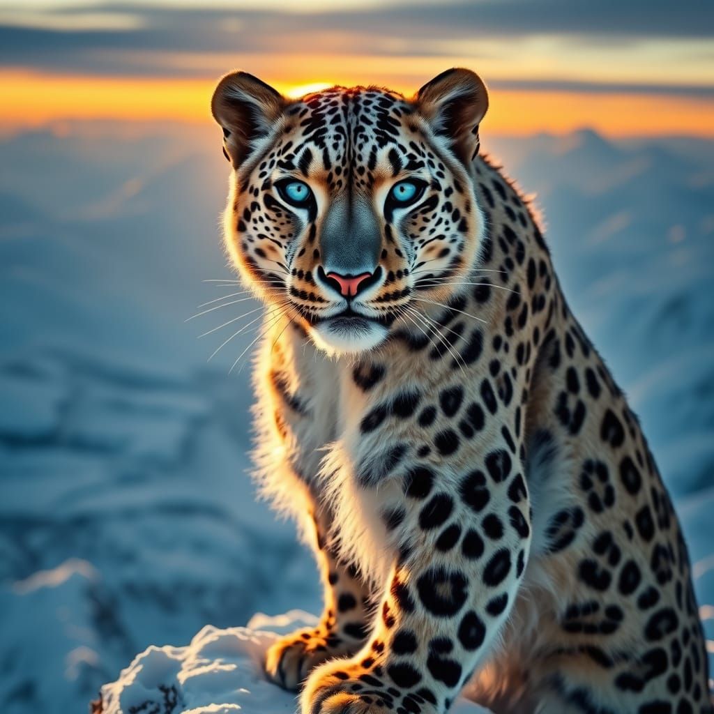 Snow Leopard on Icy Peak in Hyperrealistic Style