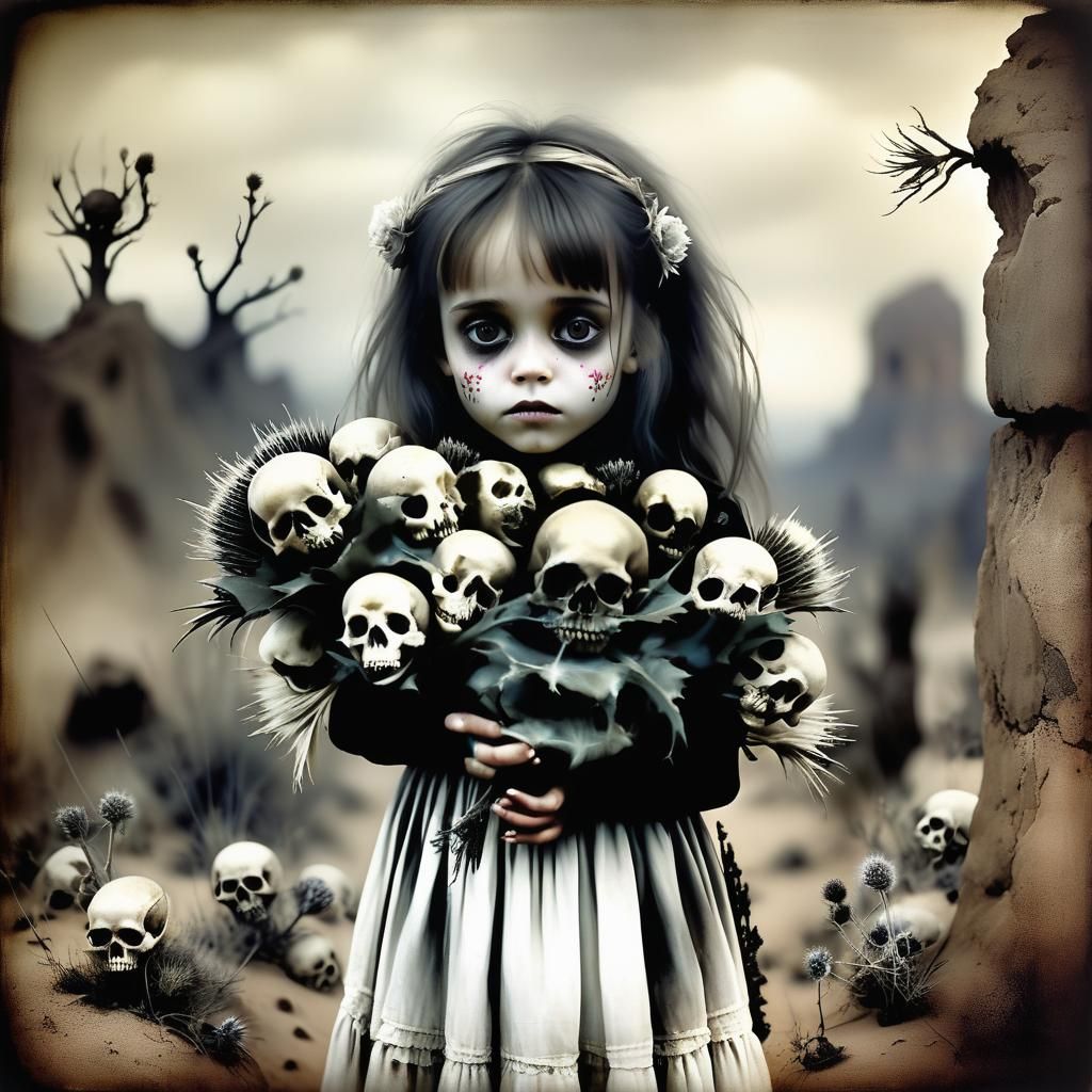 Little Girl Holding Skulls in Desert Landscape