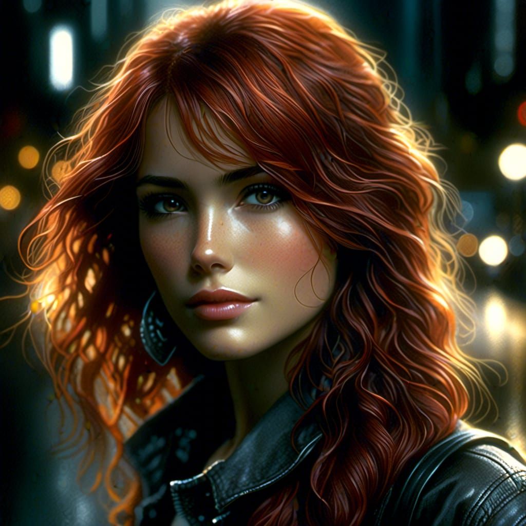 Redhead in City Street, Hyperrealistic Portrait by Royo