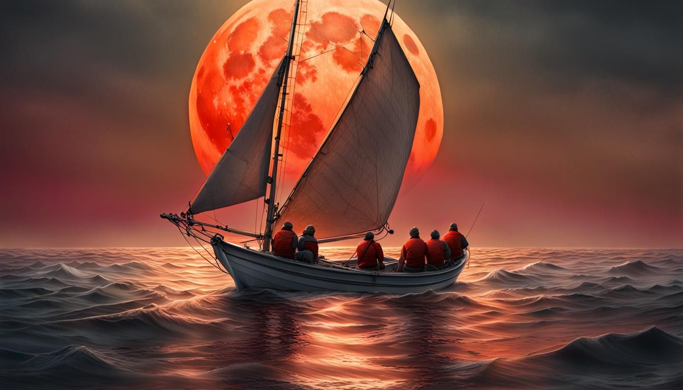 Fishermen Sailing Under Red Moon: Vivid Digital Art